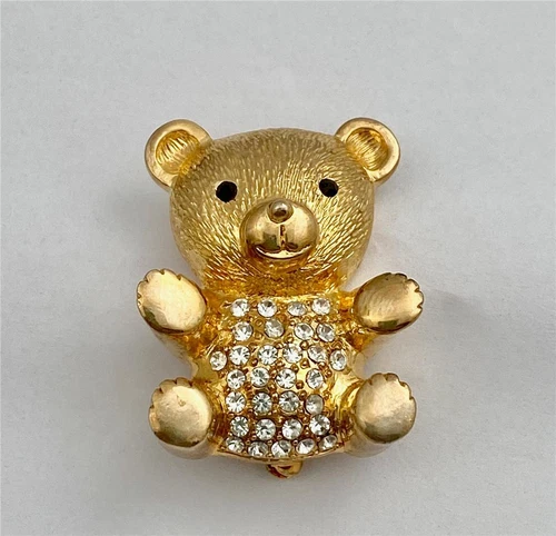 Vintage Eisenberg Ice Gold Tone with Clear Rhinestones Teddy Bear Brooch Pin