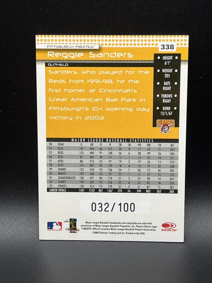 Reggie Sanders 2004 Donruss Press Proof Blue #338 032 /100 Pittsburgh Pirates - Image 2 of 2