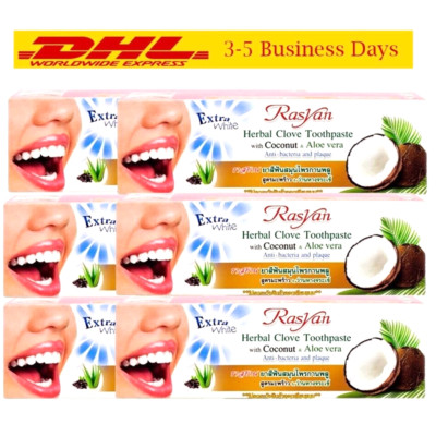 6x100g Toothpaste Rasyan Extra White Herbal Clove with Coconut Aloe Vera New