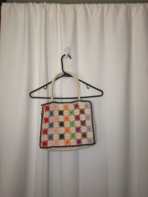 Womens Crochet Granny Square Shoulder Bag Retro Boho Whimsy Hippie Eclectic 