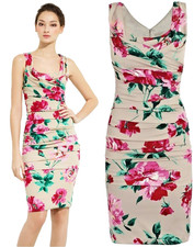 Dolce & Gabbana Silk Floral Roses Beige Bodycon Ruched Designer Dress IT42