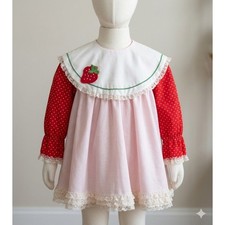 Vintage Mini World Girls Size 3 Strawberry Pinafore Dress Red Polka Dot 1970's