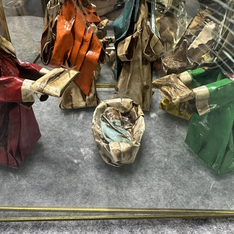 Handmade Paper Mache Nativity Set Glass Brass Display Creche Manger Scene - Image 2 of 4