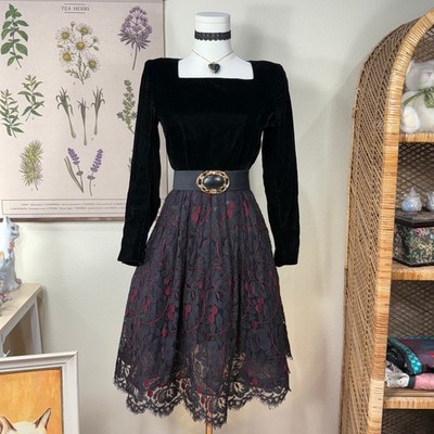 Vintage 80s 90s Velvet Lace Party Dress Gothic Lolita Vampire Romantic Goth XS