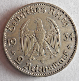 1934 F THIRD REICH GERMANY 2 REICHSMARK AU RARE DATE Silver Coin Lot #J17