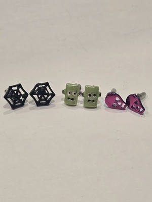 Halloween Spider Web Frankenstein Scull Set of Three Post Earrings
