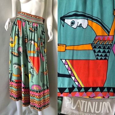 Vintage Platin Dorothy Schoelen Rock bunt surreal Vogel & Figuren UK 10
