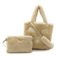 Prada Shearling Terry Logo 2Way Tote Bag Women Beige One Size