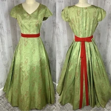 1930s Antique DRESS Holiday Green Paisley Satin Aline Ball Gown 1940s S/M