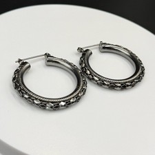 Vintage Etched Pattern Silver-Toned Fashion Collectible Huggie Hoop Earrings
