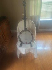 Washburn 5-string banjo with resonator, case, and strap; banjo stand; banjo capo