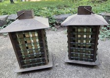 Pair Of Japanese Style Lanterns Metal Glass Lattice Modern Asian Nautical AS IS