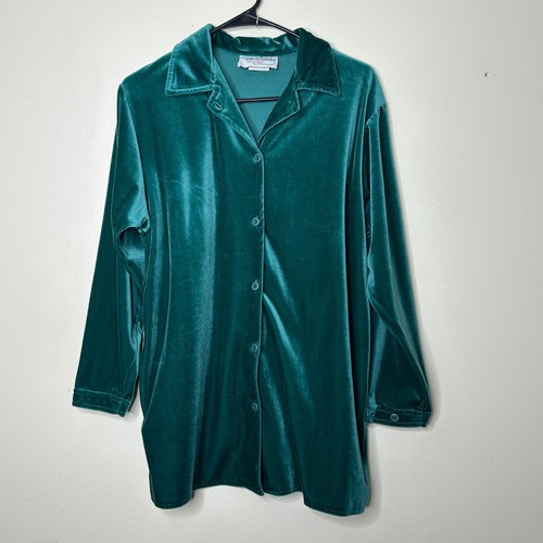 Diane von Furstenberg, Vintage Diane Von Furstenberg DVF Button Down Shirt Teal Velvet Long Sleeve XS