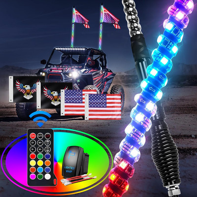 2 PCS 3FT LED Whip Light with Spring Base Spiral RGB Chasing RF Remote Lighted W