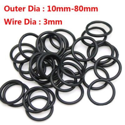 3mm Cross Section Nitrile Rubber NBR O-Ring Seal Black Washer Ring OD 10mm-80mm