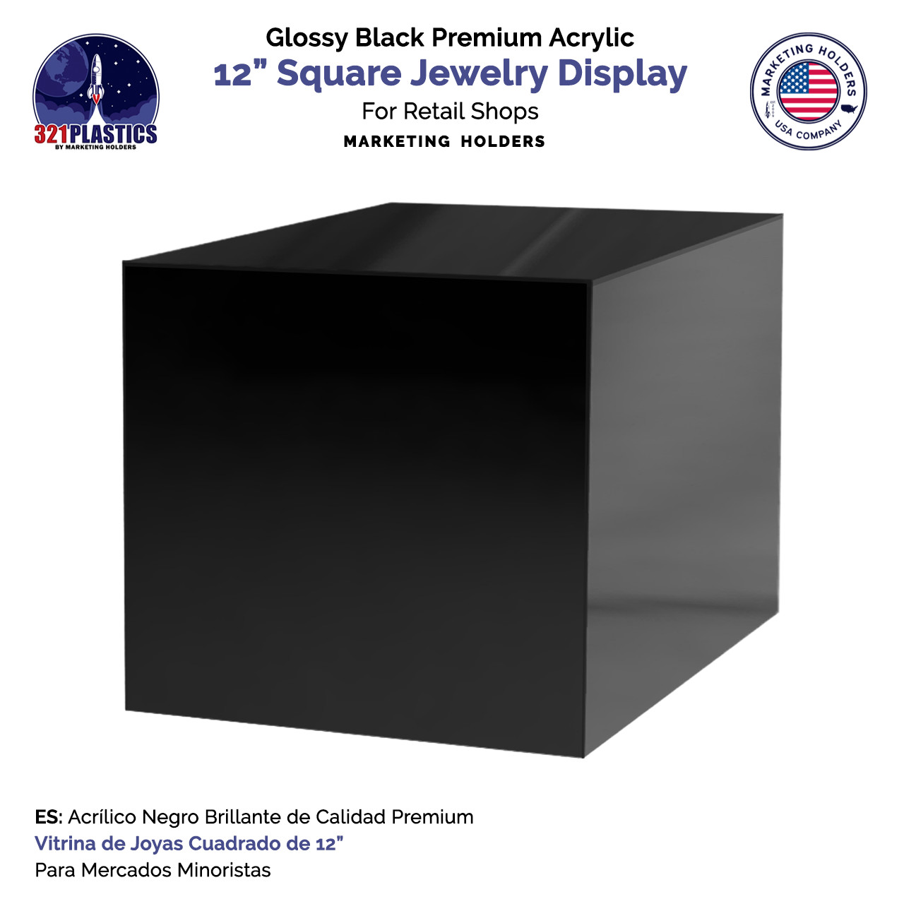 12" Riser Display Box Glossy Black Acrylic Square One Side Open 5 Sides
