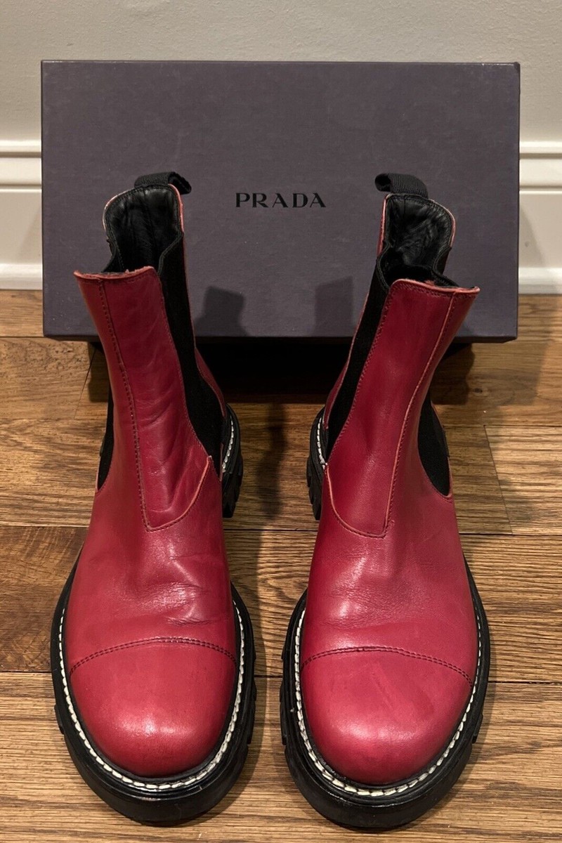 Prada Monolith Chelsea Boots Size 36.5 US 6 in Red Leather $1450 