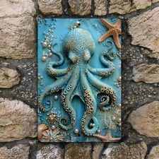 Octopus Metal Wall Sign 8x12", Nautical Decor for Ocean Lovers & Coastal Homes