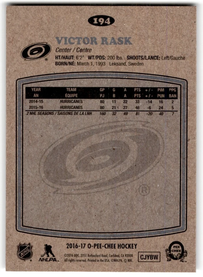 Victor Rask 2016-17 O-Pee-Chee Retro #194 Carolina Hurricanes - Image 2 of 2