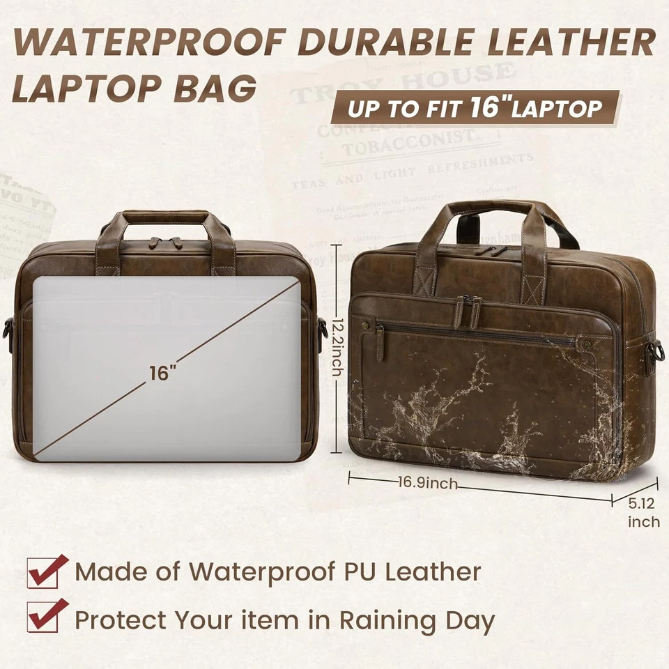 Bolso para portátil Maletín de cuero Bolso mensajero vintage para portátiles de 16" grande retro Foto 2 de 4