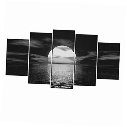 5 Piece Black and White Moon Wall Art Ocean Full Moon Picture Canvas Prints