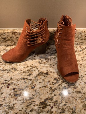 cognac open toe booties