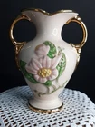 Double Handled Hull Pottery Vase H - 1- 56 USA Pink With Gold Trim 5.5 in tall