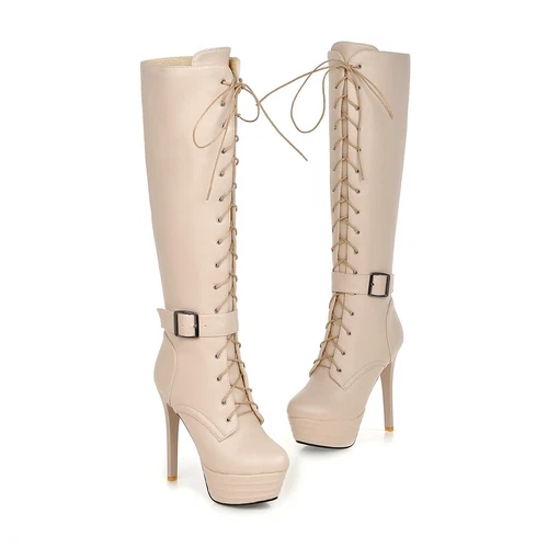 women Synthetic Leather High Heels Zipper Lace Up Shoes Knee Boots UK Size - Bild 18 von 43