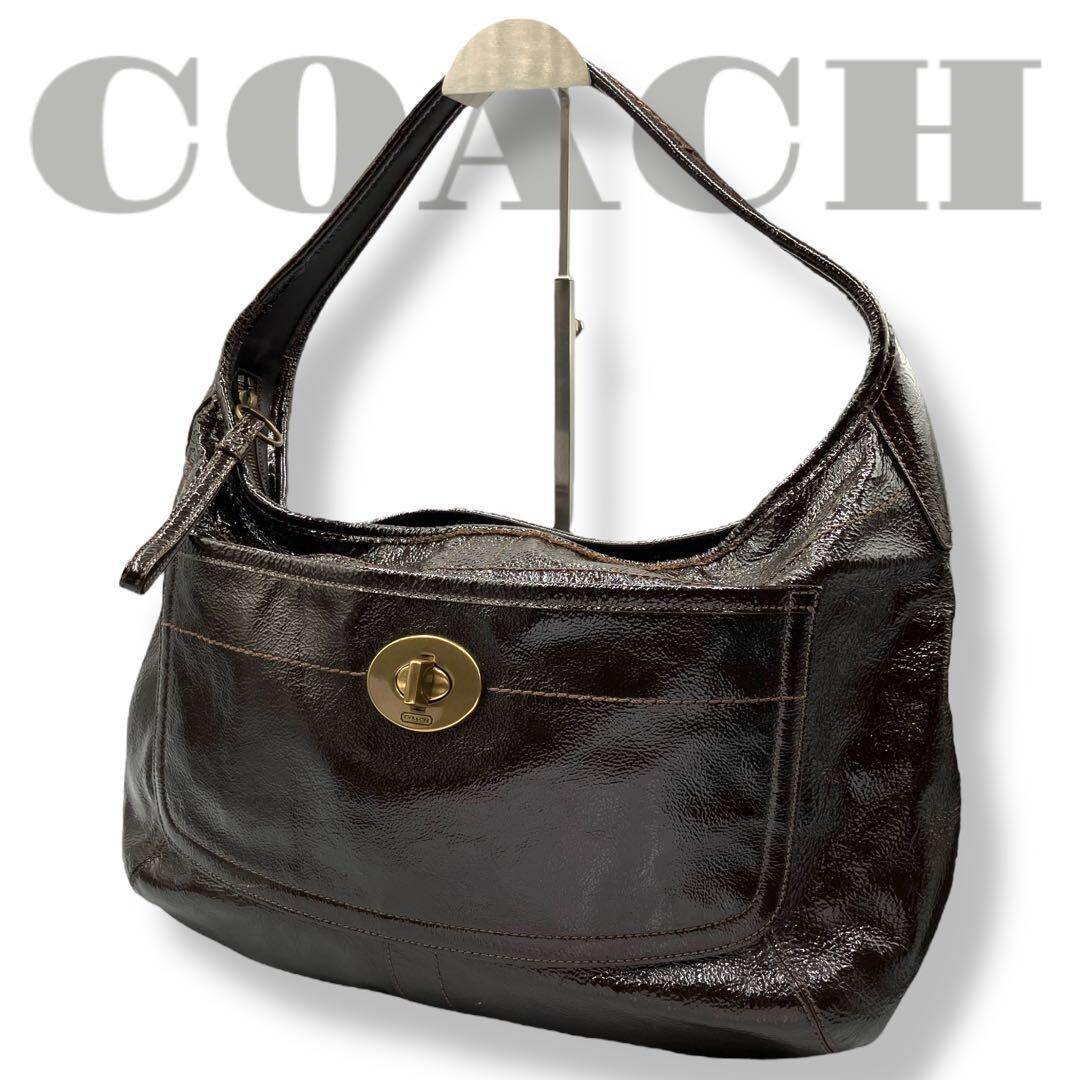 COACH Brown Patent Leather Hobo Shoulder Bag with Turn Lock 11009