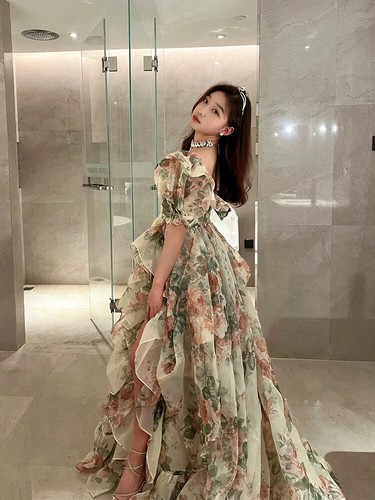 Dress Women Open Fork Elegant Evening Party Midi Dress Puff Sleeve Dress Female - Picture 17 of 18