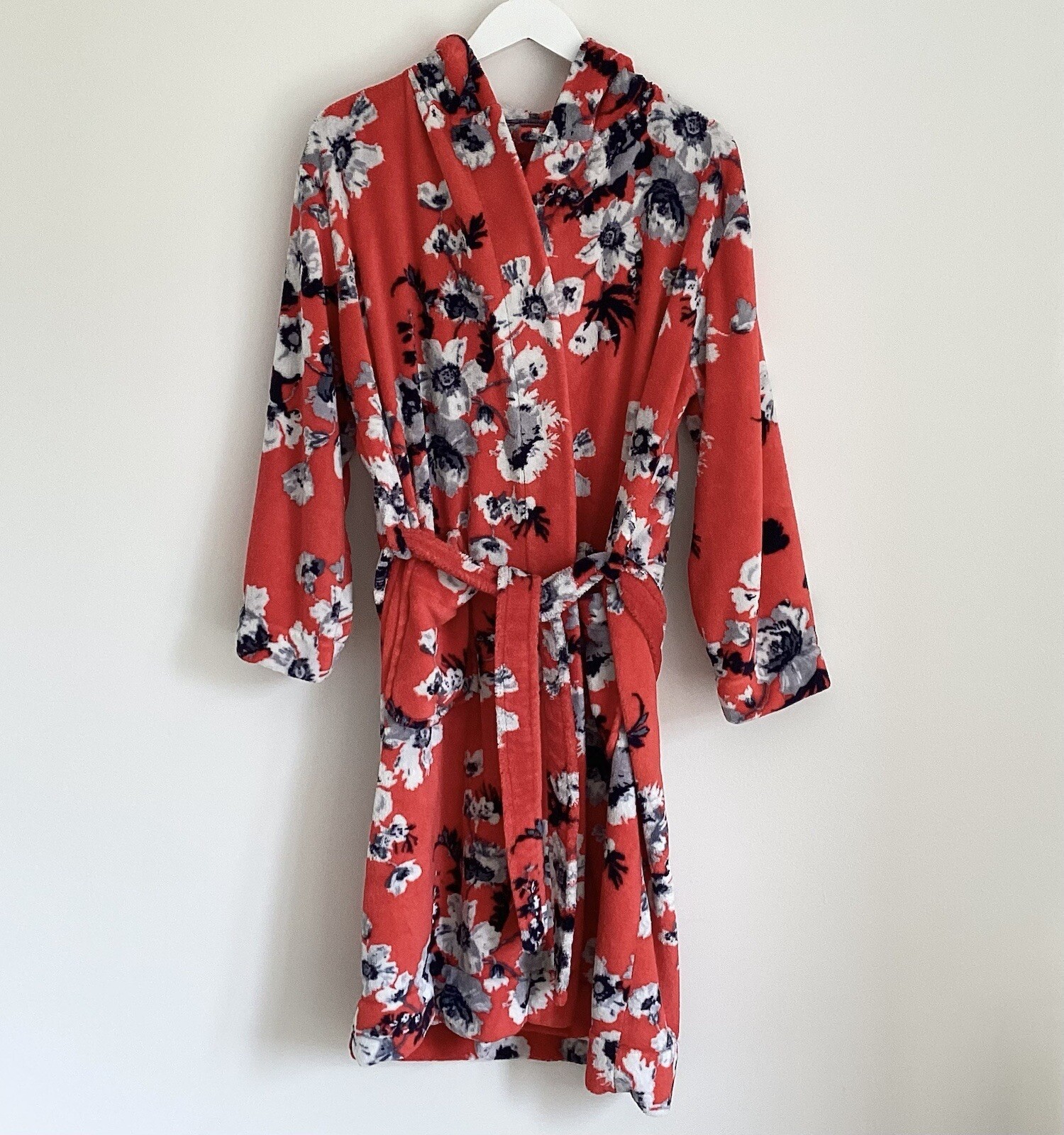 Joules dressing gown S/M robe hood belt fleece pockets red floral cosy