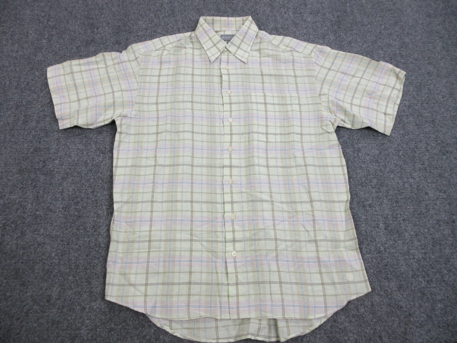 Hickey Freeman Shirt Mens Medium Green Plaid Button Up Linen Blend Lightweight