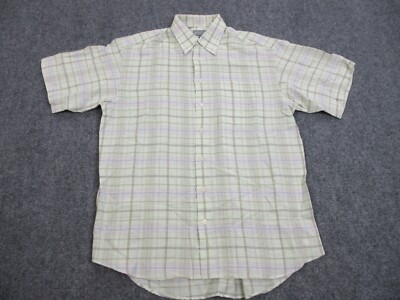 Hickey Freeman Shirt Mens Medium Green Plaid Button Up Linen Blend Lightweight
