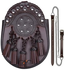 Handmade 100 Real Brown Leather Kilt Sporran Premium Quality Siliver Finish