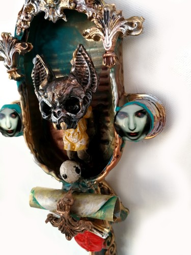 art assemblage modern original painting sculpture mixed media animal bat vampire - Picture 2 of 24