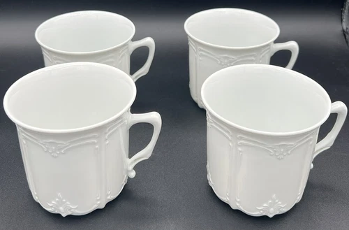 Tirschenreuth BARONESSE WHITE Coffee Mugs SET OF FOUR Hutschenreuther Stamp MINT