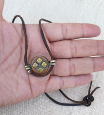 AUTHENTIC ANCIENT AFRICAN LEATHER NECKLACE & BRONZE PENDANT AMULET VERY OLD