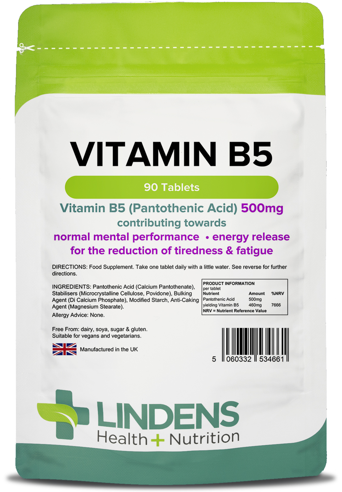Lindens Vitamin B5 500Mg Tablets 90 Tablets - Image 2