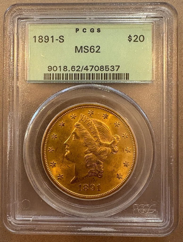 1891-S Liberty Head Double Eagle Gold $20 MS62 PCGS OGH 0.96750 oz AWG Rare Coin