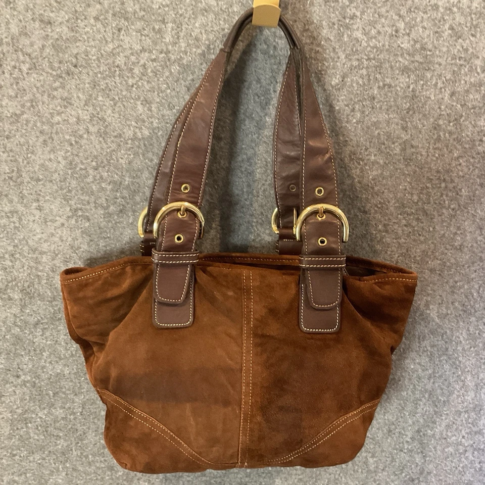 Bolso de Mano Cartera Coach 9522 Soho Marrón Gamuza con Borde de Cuero De Colección Foto 4 de 4