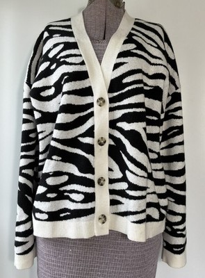 Loft Zebra Print Knit Sweater Classic V-Neck Button Down Front Size Large 