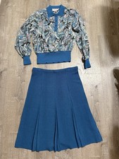 Vtg Castleberry London Pleated Skirt Suit Sz 12 Blue Knit Cats Made In USA