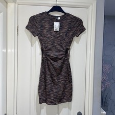 H&M Brown Marl Stretchy Ribbed Side Cut Out Ruched Mini Dress Size XS New W Tags