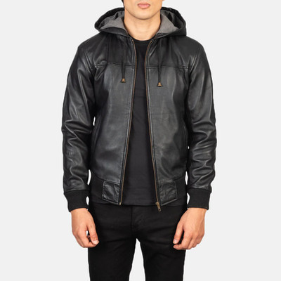 Men Black Leather Hooded Bomber Jacket Genuine Sheep Leather Casual Zip Up Coat