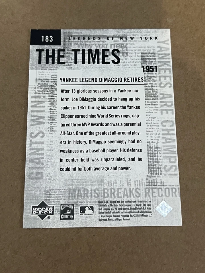 2001 UPPER DECK LEGENDS OF NEW YORK - JOE DiMAGGIO YANKEES #183 - Image 2 of 2