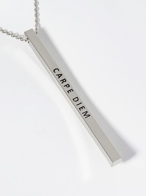 Carpe Diem Engraved Brass Vertical Bar Pendant Necklace, 17in Chain