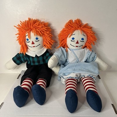 Vintage Raggedy Ann & Andy 19  Dolls Orange Hair Folk Art Doll Set Handmade OOAK