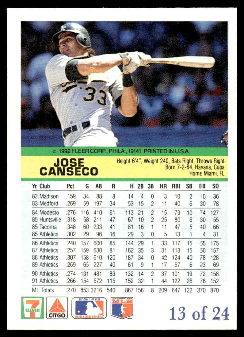 1992 Fleer 7 Eleven/Citgo The Performer Jose Canseco Oakland Athletics #13
