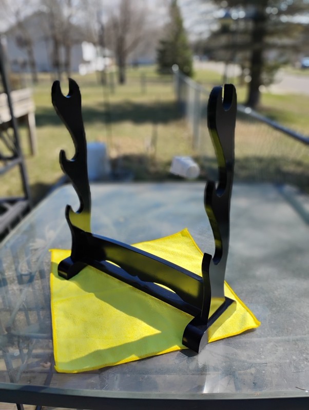 3 Sword Display Stand Black Freestanding Wood Rack for Shelf or Desk. 16"x6"x18"