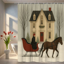 Winter Holiday Shower Curtain with Sleigh and House Design